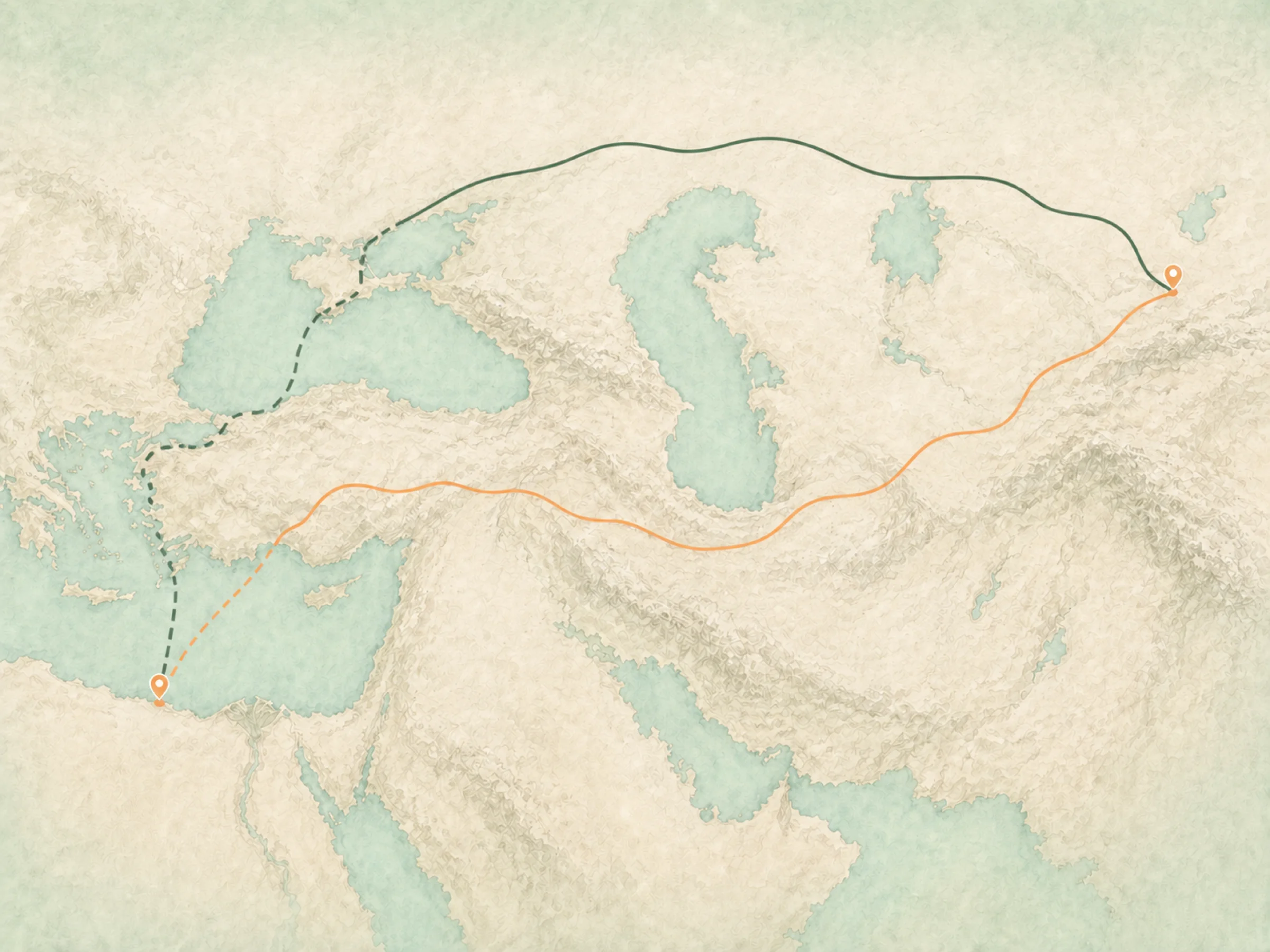 Egypt to Uzbekistan trade-route map — northern corridor via the Black Sea and Russian rail, southern corridor via Türkiye, the Caucasus and the Caspian